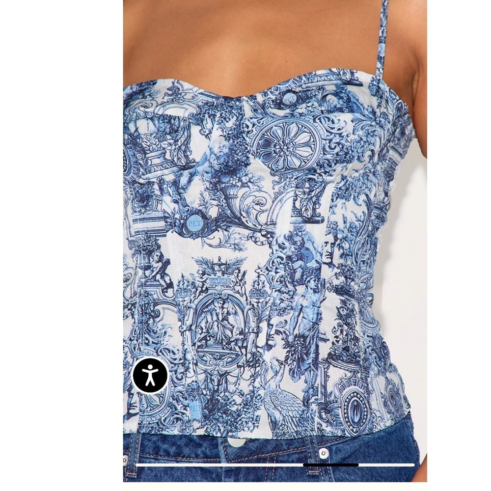 PrettyLittleThing Blue Renaissance Toile Print Corset Top Zip back coquette chic - Picture 4 of 8